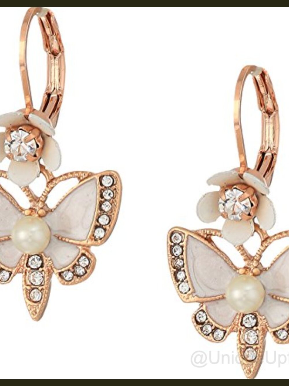 Rose Gold Tone Butterfly Drop Earrings Lever Back Pave